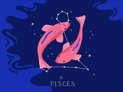 Zodiac signs: Pisces blue fish flat horoscope illustration nightsky pink stars zodiac