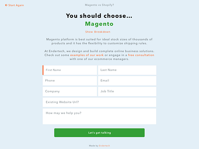 Interactive Landing Page - Recommendation ecommerce landing page quiz recommendation web