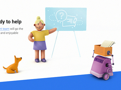 Characters 3d 3d art blue character design desk dog girl help hero image illustration maya robot site illustration