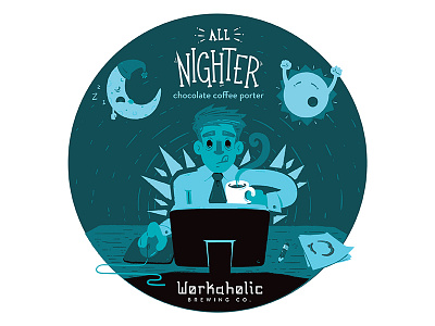 Workaholic Brewing Co. - All Nighter all nighter beer coffee computer illustration illustrator label design moon sun