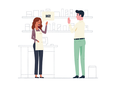 Say Hello associate business customer greeting hello illustration shelf shopping store