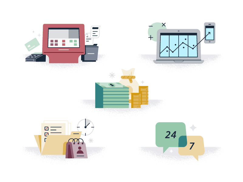 New Icon/Spot Illustrations Style chat data illustration laptop money phone point of sale printer retro task management time