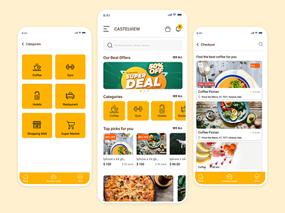 CastelView - App android best offer categories coffee delivery food gym hotel mall mobile app mockup online payment restaurant shoping super market ui ux
