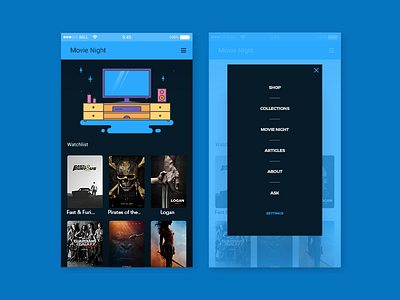 Movie UI Dark app ui booking card dark blue flat design menu movie tickets uiux