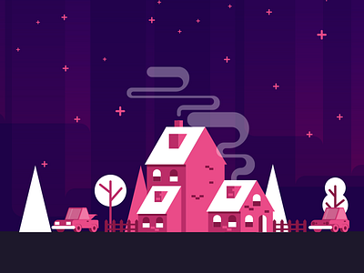 DribbbleTown car dribbble house illustration night pink smoke town winter