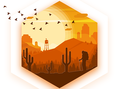 Desert Exploration birds cactus cloud desert explorer illustration mountain orange sun vector