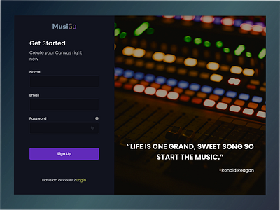 Sign Up Page for Musigo 001 app daily dailyui design graphic design mobile signup trend ui ui design uiux design ux visual design web