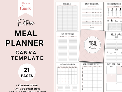 Meal Planner Canva Template canva daily design ecommerce layout pink planner product design startup template