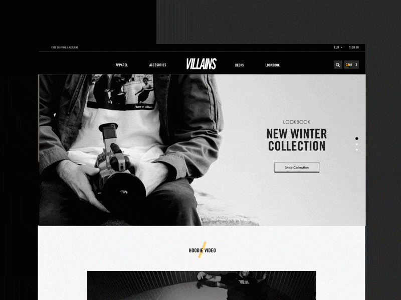 Villains Homepage animation black bootstrap branding clothing e commerce ecommerce framework homepage landingpage layout shop shoponline skateboard ui ux villains webdesign website wireframe