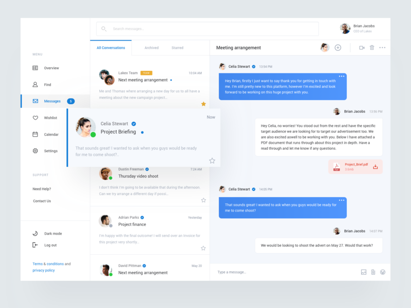 Dashboard Client Message attachment blue clean client dashboard interface mail message profiles social ui ux