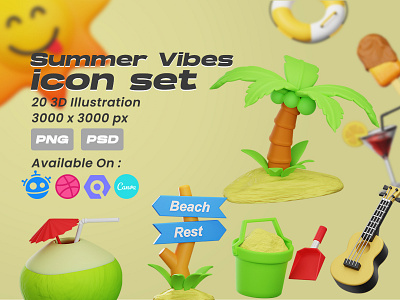 Summer vibes 3d illustration 3d app beach clean cute illustration modern summer ui weekend
