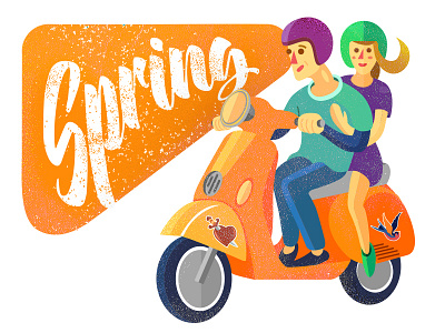 Spring is coming flat hypsters illustration scooter spring young