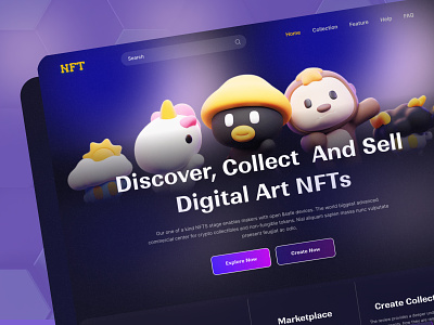 NFT Landing Page Design 3d landing page bitcoin blockchain crypto cryptocurrency dark design graphic design interface landing page marketplace metaverse nfts studio token ui user experience ux web web3.0 website design