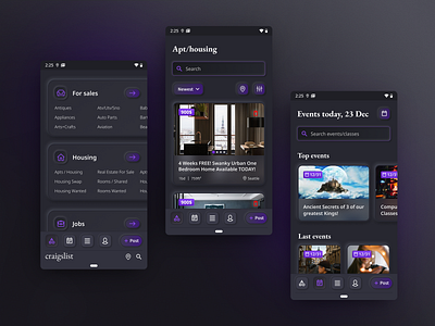 Craigslist app - dark neumorphic concept UI design android app craigslist dark mode dark ui design figma ios marketplace mobile ui modern neumorphism redesign skeumorphism skeuomorphic trend 2020 trending ui ux