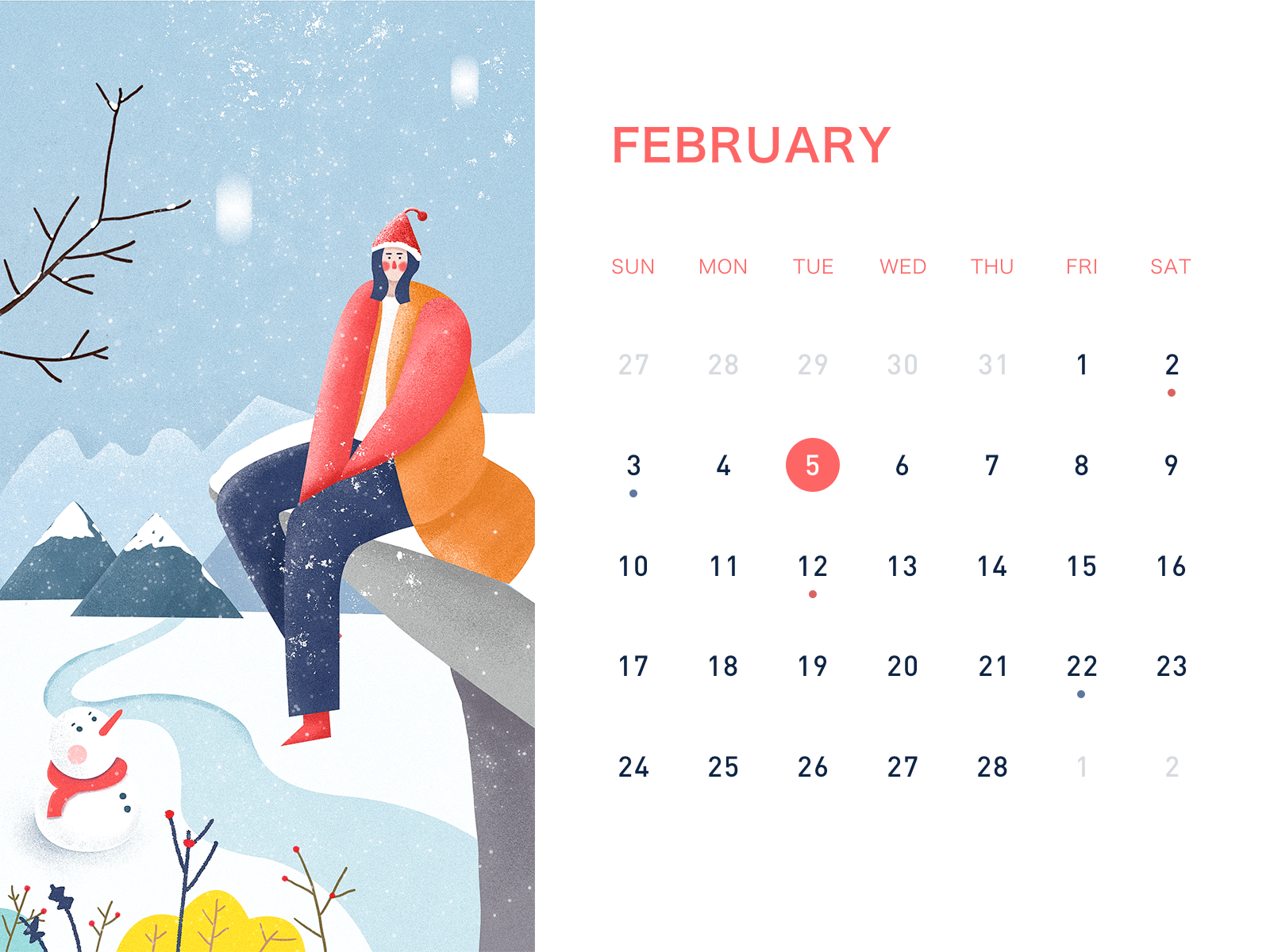 Оформление календаря на февраль
