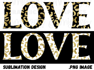 ‘Love’ gold leaf leopard print typography sublimation design set