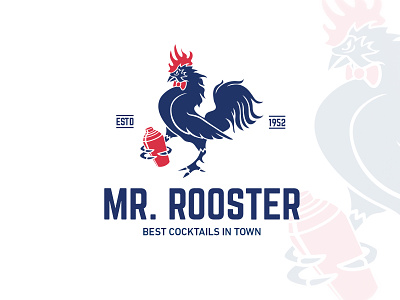 Mr Rooster Logo design blue bowtie branding cock cocktail cocktail bar elegant gentelman logo modern red rooster serious sofisticated