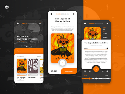 Creepy Bookshelf - Book app for Weekly Warm-Up app app design creepy design dribbbleweeklywarmup figma halloween ios mobile mobile app mobile app design mobile design mobile ui pumpkin spooky ui uiux ux warm up weekly warm up