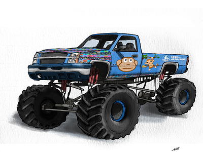 Crypto Monster Truck, 2022 automobile car cartoon design fineliners illustration inking logo monster perspective photoshop truck