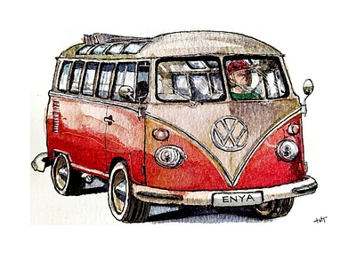 Red Volkswagen Samba Camper, 2021 automobile camper car cartoon design drawing fineliners handdrawn illustrate illustration inking perspective sketch sketching ui vw