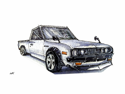 Tuned Datsun Truck, 2021 automobile car cartoon datsun design fineliners freestyle handdrawn illustration inking perspective sketches sketching truck watercolor