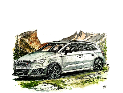 Mountain Power, Audi RS4 (2021) audi automobile car cartoon fineliners freehand illustration ink inking perspective racing sketch sketching wash watercolor