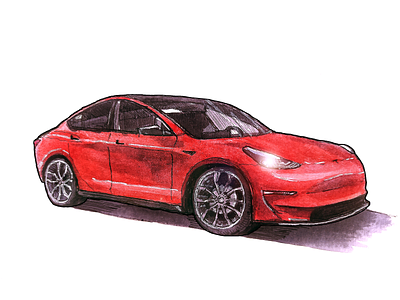 Red Tesla Model 3 - Watercolor Car Sketch automobile car cartoon drawing fineliners handdrawn illustration inking perspective sketch sketching sport tesla vehicle watercolor