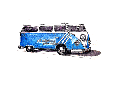 Get on the Bus, 2021 automobile car cartoon fineliners illustration inking perspective sketch volkswagen vw watercolor