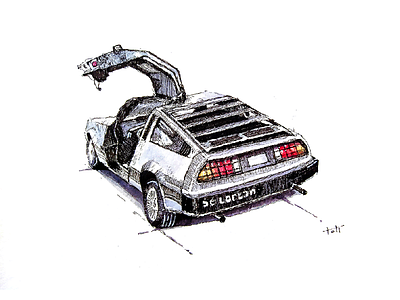 Back to the Future, 2021 automobile car cars cartoon delorean fineliners freehand handdrawn illustration inking perspective sketches sketching watercolors