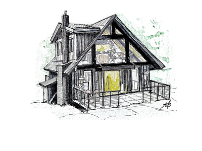 Cozy Snow Cabin, 2021 architectural architecture cabin cartoon design dwelling fineliners freehand home illustration inking perspective
