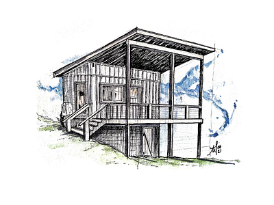 Shed Roof Cabin, 2021 architectural architecture cartoon conceptdrawing conceptual coziness design drawing fineliners freehand illustration inking perspective vanishingpoints watercolor