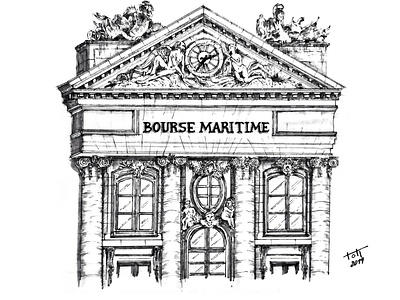 Bourse Maritime, 2019 architectural architecture boursemaritime cartoon design facade fineliners illustration inking neoclassical perspective