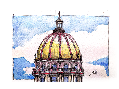 San Miguel de Allende's Parish Dome, 2021 architecture cartoon design dome drawing fineliners illustration inking parish perspective sketch sketchbook sketching watercolors
