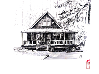 Log Cabin with Porch, 2021 architecture design drawing fineliners illustration inking logcabin perspective sketchbook sketching