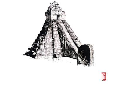 Tikal's Jaguar Temple, 2020 architecture cartoon crosshatching drawing fineliners illustration inking mayan perspective pyramid sketch sketching