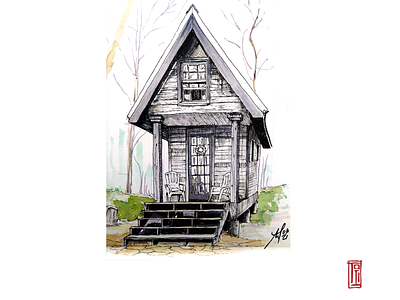 Narrow Log Cabin, 2021 architecture cartoon drawing fineliners house illustration inking perspective sketchbook sketching