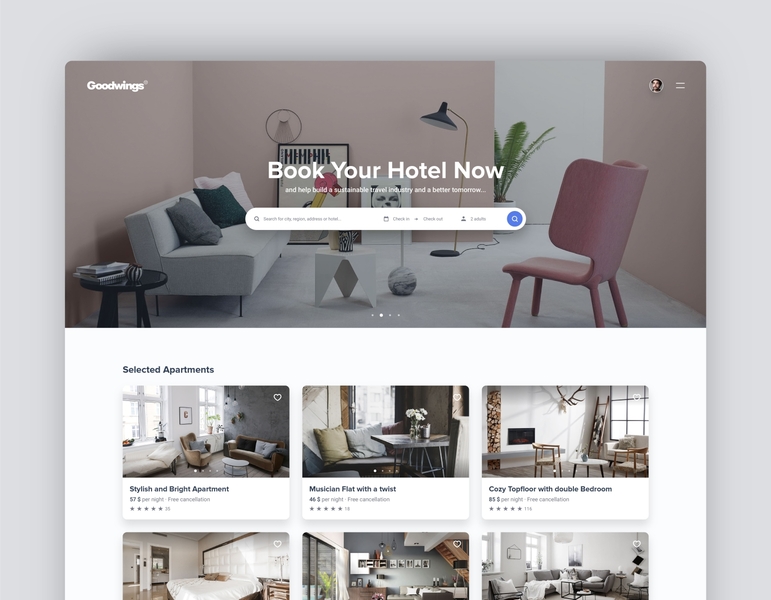 Goodwings - Homepage booking branddesign branding clean creative development light marketing minimal mobile software strategy sustainability travel ui ux visualidentity website websitedesign