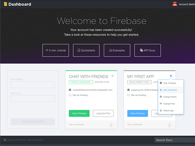 Firebase Dashboard app blank state cards dashboard drop down