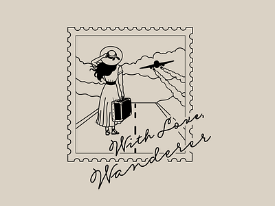 With Love, Wanderer Logo adventure branding design illustration logo minimalistic plane postcard retro stamp travel vintage woman