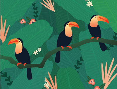 Tropical Toucans Illustration bird botanical green illustration pink poster rainforest toucan tropical