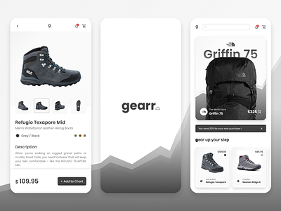 Outdoor Gear Ecommerce - Mobile App android app bag black and white branding buy clean design ecommerce graphic design hiking ios market mobile app outdoor shoes shop tidy ui ux