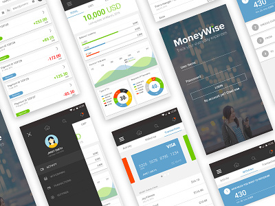 MoneyWise app activity android app cards dashboard financial login material profile ui ux