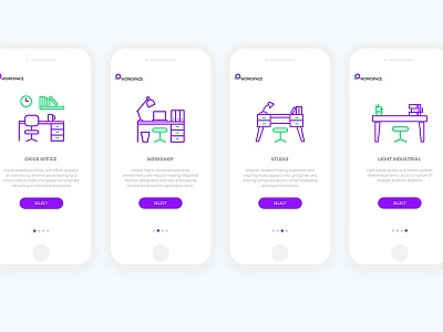 Workspace onboarding screens app flat icons ios mobile onboarding rent space work