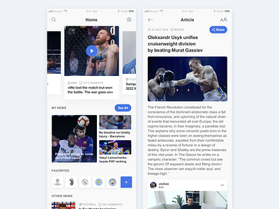 Sport News Mobile App blog clean design fcbarcelona football klitschko lomachenko mcgregor mma mobile app mobile design news sport app typography ufc ui usyk ux weeklyconcept white