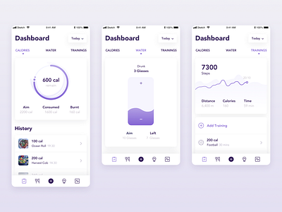 Nutrionista. Calories Tracker. activity app calories clean dashboard design food food drink healthcare mobile app nutrition steps trainings ui ux water weeklyconcept workout