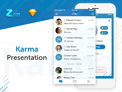 Karma Messenger - Presentation app application azro behance blue clean design flat ios karma messenger minimal mobile simple sketch ui ux web web design white