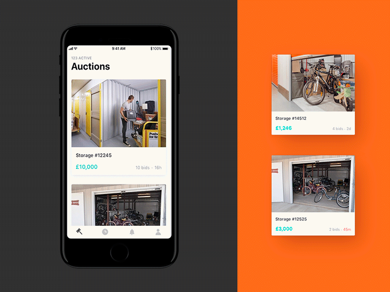 Storage auction app | Concept animation app auction cards gif interaction ios minimal motion principle storage ui