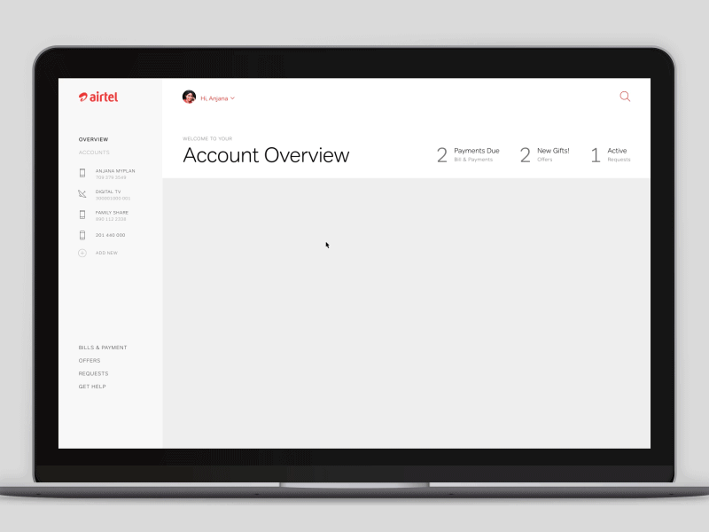 Airtel Self-Care Dashboard animation dashboard data loading overview transitions ui ux web