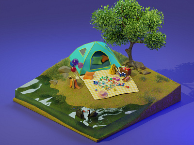 Picnic in early summer 3d 3d art blender camp digital art diorama flight illustration isometric lake lawn low poly ludo modeling pond render summer swan tent tree