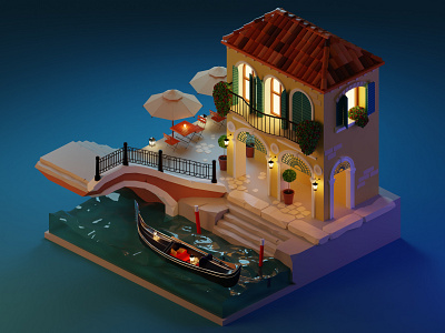 Venice 3d 3d art blender boat bridge building digital diorama gondola house illustration isometric low poly modeling night render river venice water